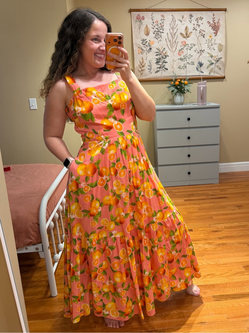 Talbots Cotton Orange Citrus Print Maxi Dress - Pink/Orange 10